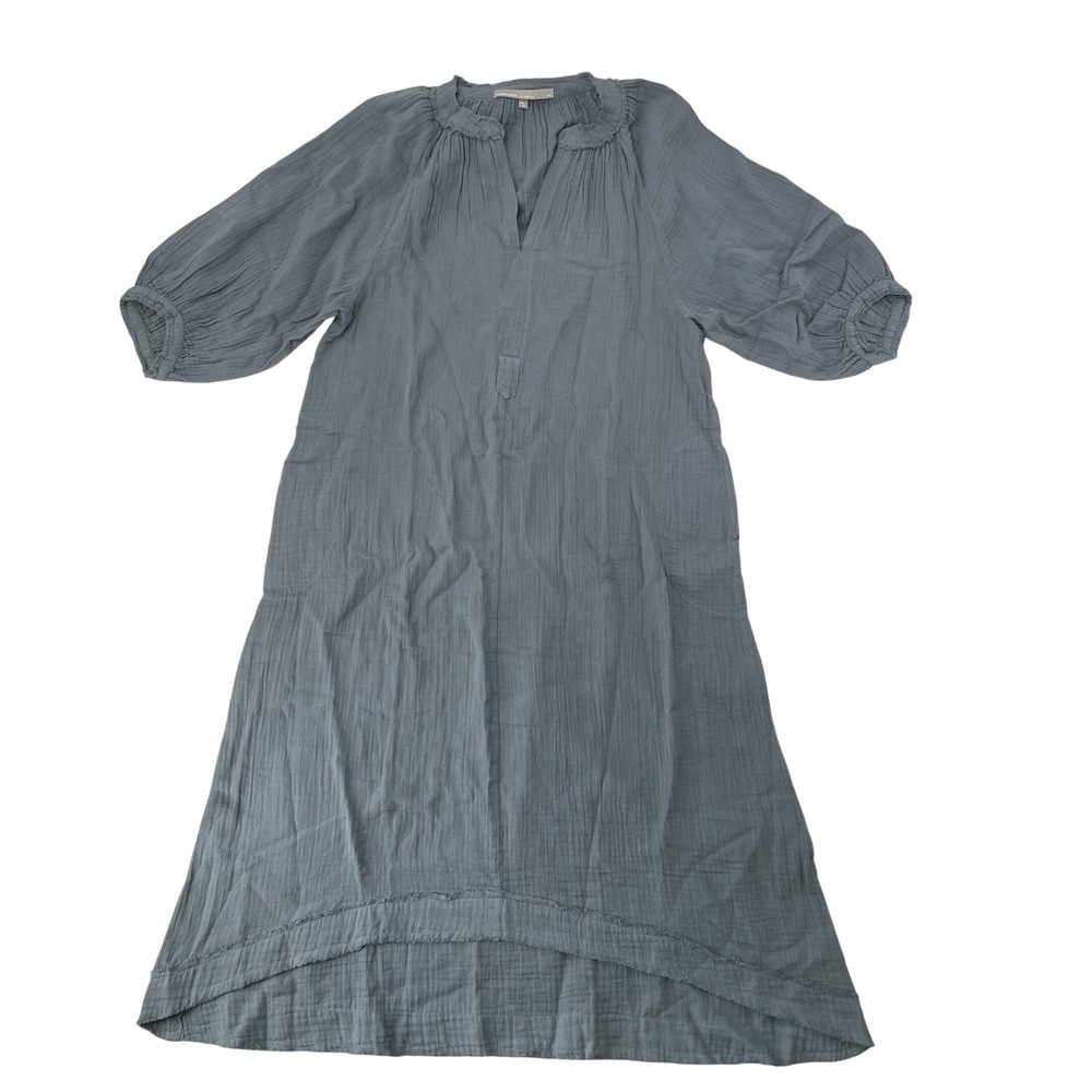 ocean+main Caftan Dress S/M Blue Excellent Cotton Gauze Raw Edge High Low Pocket